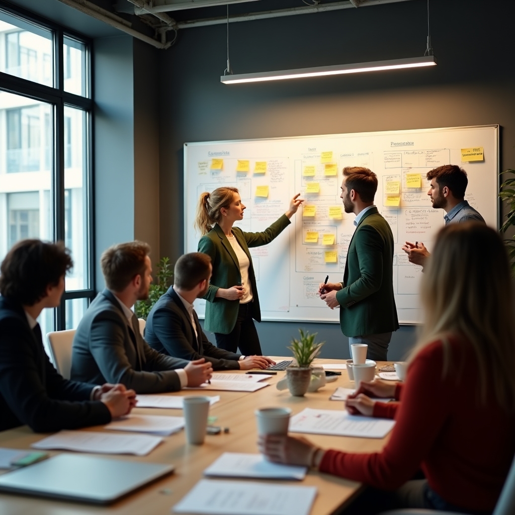 Echipă participând la workshop de implementare hibridă, vizualizând rezultatele pe whiteboard